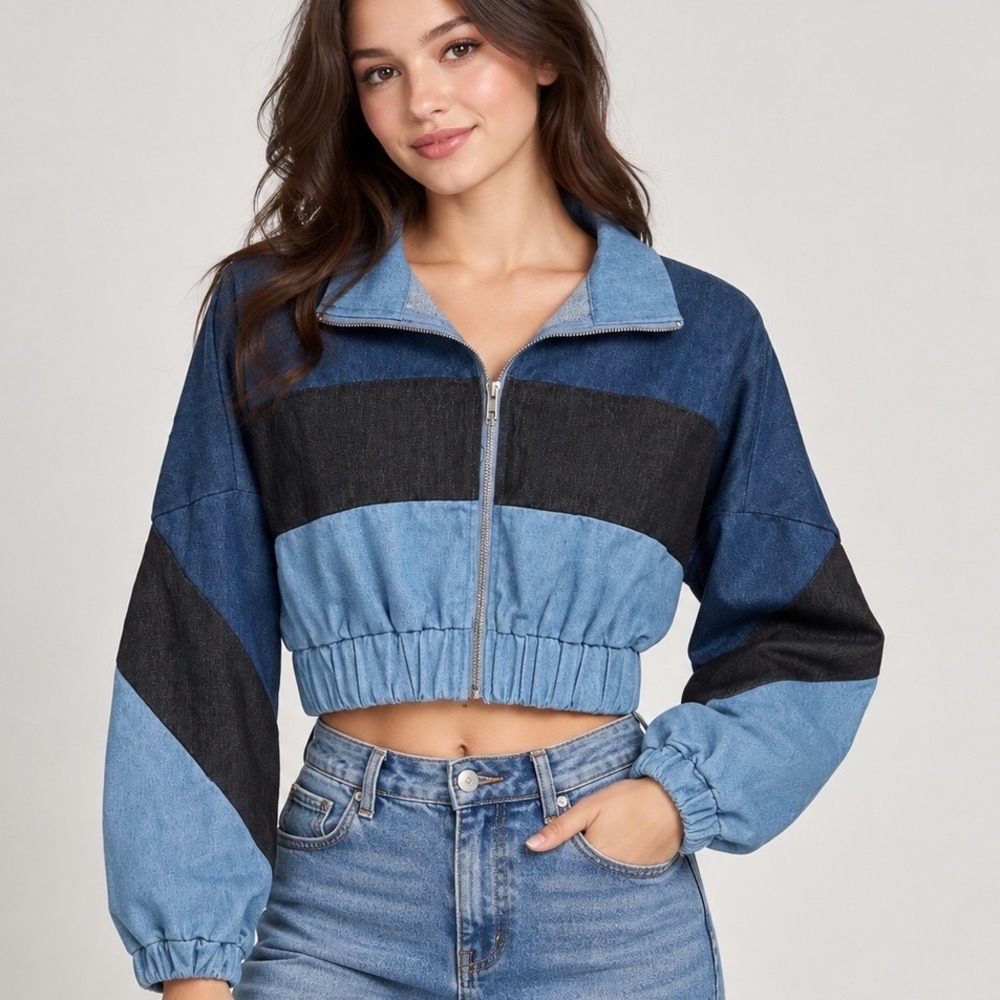 Patchwork Blue Denim Jacket Small Colorblock Cropped Zip Up Bomber